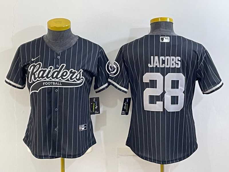 Womens Las Vegas Raiders #28 Josh Jacobs Black Team Big Logo With Patch Cool Base Stitched Baseball Jersey->women nfl jersey->Women Jersey